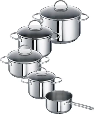 A set of five stainless steel pots with glass lids, arranged diagonally on a white background.