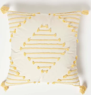 Produktbild von HOMESCAPES Kissen weiß mit Stickerei 45 x 45 cm - Dekokissen mit Quasten, geometrisch gemustert