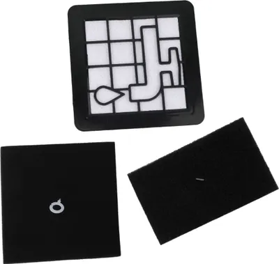 Three vacuum cleaner filters are laid out against a white background. The top filter is white with a black frame and a complex black design. The bottom left is a square black filter with a small white logo. The bottom right is a rectangular black filter.