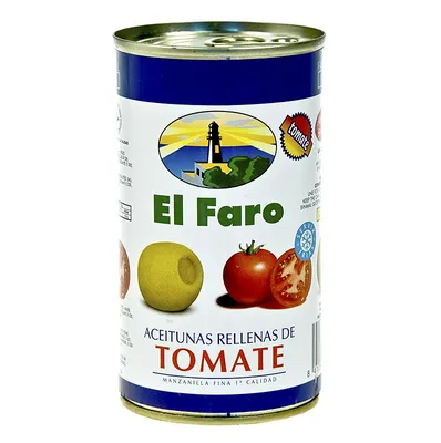 Produktbild von El Faro | Grüne Oliven gefüllt mit Tomatenpaste | Mediterraner Geschmack | 350 g / 150 g Abtropfgewicht