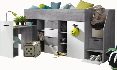 Produktbild von Etagenbett für Kinder KONKRET 3 Stockbett mit Treppe, Kleiderschrank und Schreibtisch (Beton + Weiß, Seite: Rechts)