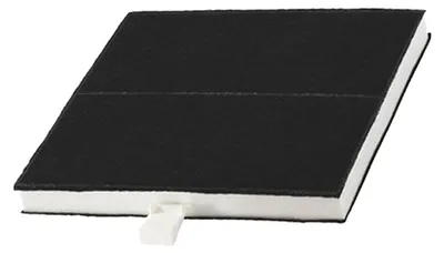A single, rectangular charcoal filter with a white foam border and a small white plastic tab protruding from one side.