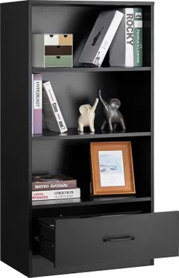 Produktbild von Famanu Bücherregal mit Schublade, 4-stufiges Holzregal - Schwarz