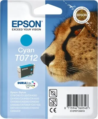 Zdjęcie produktu dla Epson Cheetah Wkład atramentowy Cyan T0712 DURABrite Ultra Ink, Cyjan, 5,5 ml, 1 szt., Jednopak