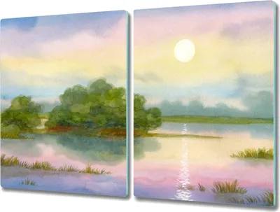 Produktbild von Coloray Herdabdeckplatte 2x40x52 cm Schneidebrett Kochplattenabdeckung Küchenbrett Hackbrett - Aquarell Natur Baum
