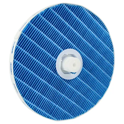 A circular air filter with a blue grid pattern and a white central connector, isolated on a white background.