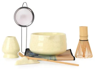 Produktbild von Matcha-Set - 7-teiliges Teezubereitungsset - Keramikschale - Bambusbesen - Edelstahlsieb - Löffel mit Halter - Gelb