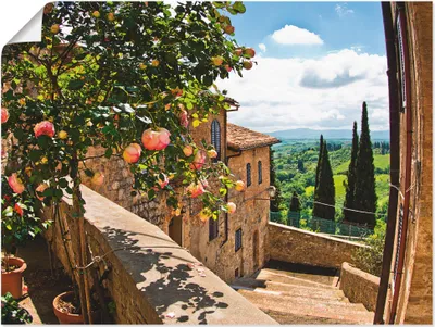 Produktbild von ARTland Poster Rosen auf Balkon Toskanalandschaft Größe: 80x60 cm