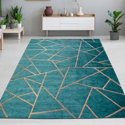 Produktbild von Moderner Wohnzimmerteppich geometrisch pflegeleicht strapazierfähig in petrol gold Größe - 200 x 290 cm