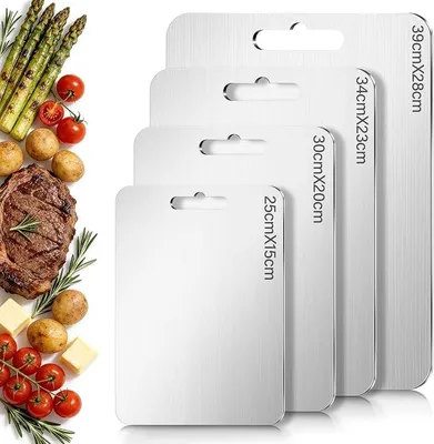 Produktbild von PolkaHome® Titan-Schneidebrett-Set 4-teilig, Edelstahl, antibakteriell, doppelseitig, BPA-frei, für Fleisch, Brot, Gemüse & Obst