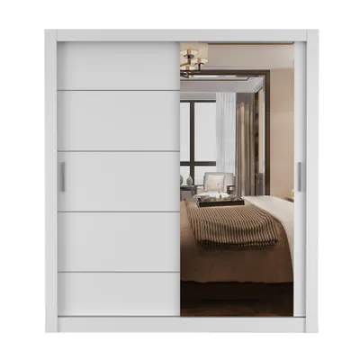 Produktbild von Schwebetürenschrank LION, Schlafzimmer, Kleiderschrank Schrank 180 cm Weiß/Weiß mit Spiegel, alufarbene PVC-Griffe