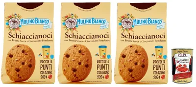 Produktbild von Mulino Bianco Schiaccianoci Biscotti con Frutta Secca e Cioccolato Fondente, Kekse mit getrockneten Früchten und dunkle Schokolade, biscuits cookies 3x 300g + Italian Gourmet polpa 400g
