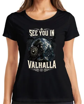 Productafbeelding van T-shirt voor dames, zwart, maat L, met afbeelding van Vikingen, krijgers, Odin, het Valknut-symbool, runen en Thor. "Tot ziens in Valhalla."