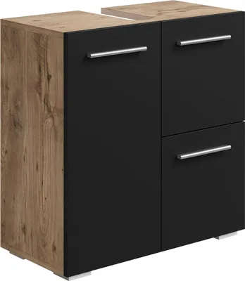 Produktbild von Badplaats Waschbeckenunterschrank Mars 60 x 30 cm Kastanien Eiche mit Schwarz Matt - Stehender Badezimmerschrank mit 2 Türen und 1 Schublade