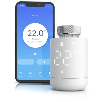 Zdjęcie produktu dla Termostat grzejnikowy WLAN marki Brandson z sterowaniem za pomocą aplikacji, programowaniem 7-dniowym, wyświetlaczem LED, pokrętłem regulacyjnym, funkcją wykrywania otwartego okna, zabezpieczeniem przed zamarzaniem, termostat grzewczy, 1 sztuka, biały