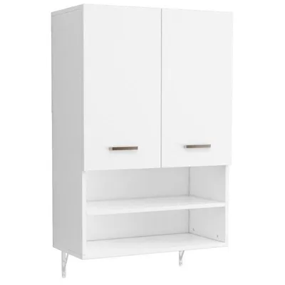 A white cabinet with two doors and open shelves below, shown against a white background.