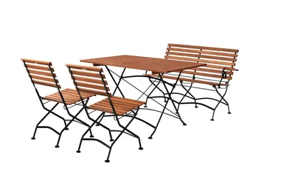 A garden furniture set consisting of a table, two chairs, and a bench, all made of wood and metal.