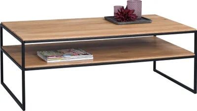 A coffee table with a wooden top and a lower shelf, displayed against a white background.