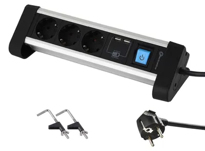 Immagine prodotto di Electraline 62553, ciabatta multipresa da scrivania in alluminio, con 3 prese e 2 porte USB da 2,4A