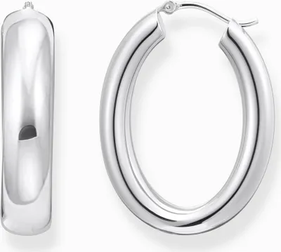 A pair of silver hoop earrings are shown against a white background.