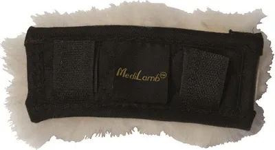 A close-up of a black strap with white fluffy lining and a small logo.