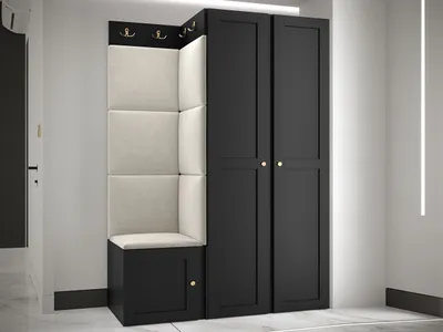 Produktbild von MIRJAN24 Garderoben-Set Orion Ramiro XXIII, Kleiderschrank, Schuhschrank, Kleiderhakenbrett, 7x Paneel 42x42, 8 Kleiderhaken, Metallgriffe (Farbe: Schwarz, Manila 02)