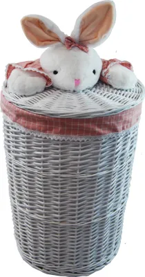 Immagine prodotto di Cesto portabiancheria in vimini bianco rotondo con coperchio peluche coniglio rosa D.32 H.48