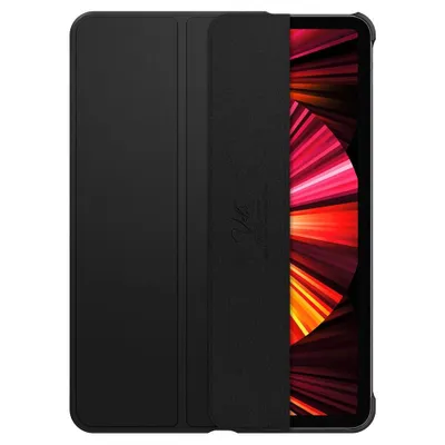 A black iPad case is shown closed, with the corner of the iPad screen visible on the right.