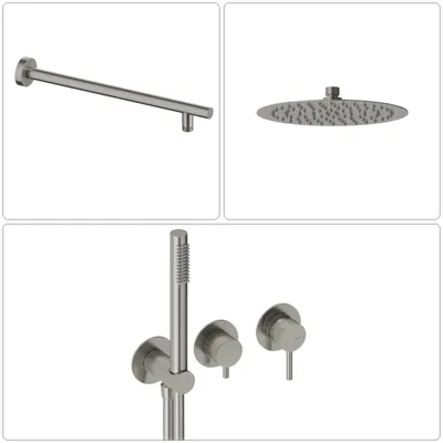 Produktbild von SANYCCES LOOP Unterputz Einhebel-Brausebatterie mit Umsteller, Handbrause & Brauseschlauch + Brausearm & Rain Kopfbrause, Nickel gebürstet