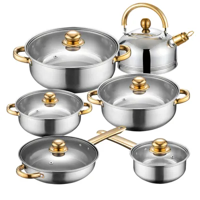 Produktbild von Topfset, Pfannenset 12-teilig mit Flötenkessel | Kochtopfset | Kochtöpfe | Töpfe mit Glasdeckel | Silber, Edelstahl | Retoo