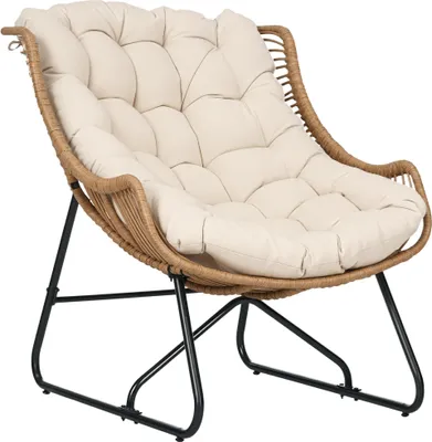 Immagine prodotto di Lounge da giardino, effetto rattan, poltrona da esterno, con cuscino, struttura in metallo, 75x101x90 cm, naturale/kaki/nero