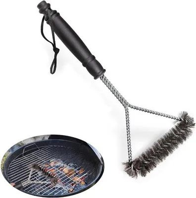 Image de Brosse triangulaire pour barbecue en acier inoxydable - Nettoyage à 360 degrés - Pour barbecues à gaz, à charbon et en fonte - 30 cm