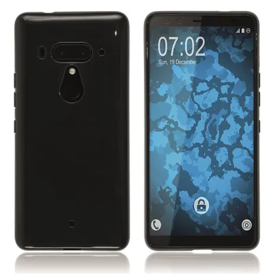 A black smartphone case is shown from the front and back, with the front displaying the phone's screen.