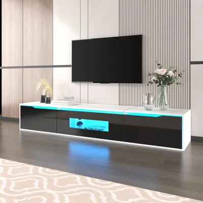 Produktbild von Moderne Vitrine & TV-Schrank, Hochglanz in Schwarz-Weiß, mit farbwechselnder LED-Beleuchtung (Front in schwarzem Hochglanz)