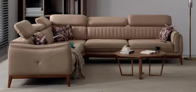 Obrázek produktu pro Bežová čalouněná pohovka Designová pohovka ve tvaru L Dřevěné nohy Obývací pokojová pohovka