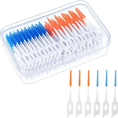 Image de 200 brosses interdentaires en silicone Brossettes dentaires, Set de fil dentaire Stick avec boîte, Nettoyage des dents entre les dents, Vert Orange
