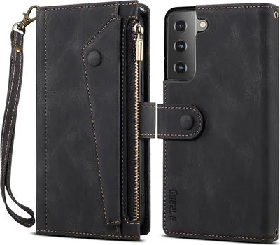 A black leather wallet case for a Samsung Galaxy S21 Plus 5G phone is shown open, displaying the phone slot and card slots.