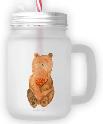Produktbild von Mr. & Mrs. Panda Glas Bär Dankbar - Transparent - Geschenk, Danke, Mit Strohhalm, Dankeschön, Schraubdeckel, Teddy, Blumen, Henkel Und Deckel, Cocktailglas, Becher