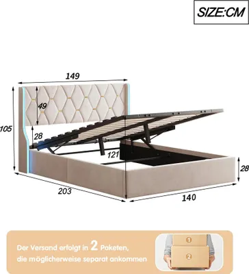 Obrázok produktu pre Posteľ – čalúnená posteľ – hydraulický úložný priestor – 140×190 cm – kovový rám – čelo s látkovým čalúnením – béžová