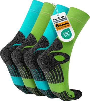 Produktbild von Celodoro 4 Paar Uni-Socken – Wandern, Sport & Arbeit, atmungsaktiv und verstärkt – Hellblau / Grün