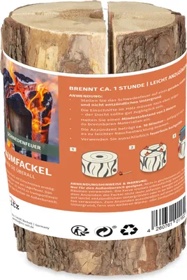 Produktbild von Schwedenfeuer mit Anzündhilfe aus Naturholz - Lagerfeuer-Stamm zum Kochen und Grillen - Outdoor Fackel aus Holz für Garten Terrasse Camping - brennt ca. 1 Stunde