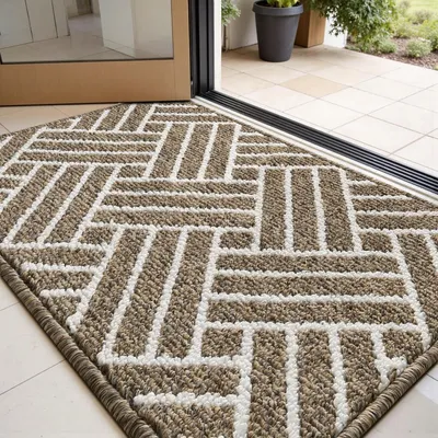 Image de Paillasson 60x90 cm, beige à rayures, antidérapant, lavable, absorbant, pour intérieur et extérieur