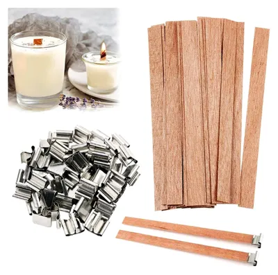 Produktbild von 25 Stück Kerzendochte mit 25 Stück Eisenständern, Holzdochte für DIY Kerzenherstellung, rauchfreie umweltfreundliche Holzdochte