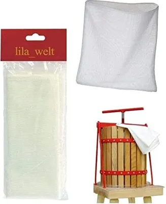 A collection of items for pressing fruit or making wine, including filter bags and a press.