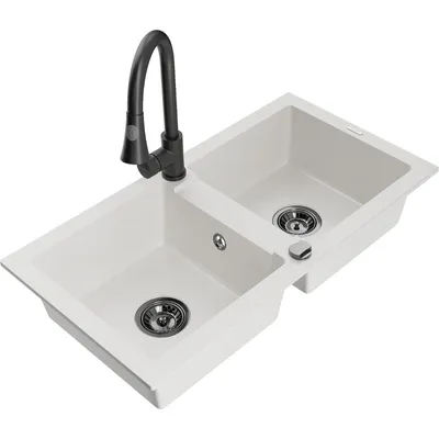 Zdjęcie produktu dla Mexen Mario zlewozmywak granitowy 2-komorowy z baterią kuchenną Elia, biały - 6504-20-670101-70