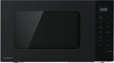 A front view of a black Panasonic microwave oven.