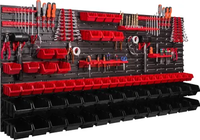 Image de Panneau d'outils mural 172x78 cm avec 63 pcs. Boîtes de suspension avec jeu de supports en plastique