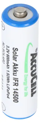 Produktbild von 3,2 Volt Solar Akku Lithium IFR 14500 AA 600mAh LiFePo4 Akku mit Kopf ungeschützt 14,2 x 50,6mm