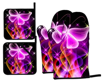 Produktbild von Ofenhandschuhe und Topflappen, Motiv: Schmetterling, rutschfest, hitzebeständig, Rosa, 4 Stück
