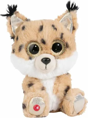 A close-up studio shot of a plush toy lynx sitting down.
